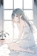By the window sits a delicately illustrated girl,exuding a serene yet melancholic air. With simplicity akin to hand-drawn sketches and a flat aesthetic, she embodies quiet introspection. Bathed in soft light, her features subtly outlined, capturing her contemplative mood,
Manga Influences, anime coloring, 