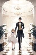 handsome,  ikemen,  butler and little lady,  Entrance,  aristocratic home,  masterpiece,  best quality,  aesthetic