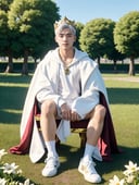 masterpiece,Fortnite,1 boy,Look at me,Handsome,White hair,Muscular development,A gorgeous white cloak,Sitting on the throne,outside,Flower field,Wear a crown,Natural light,White shoes,UHD,high details,best quality,