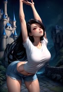 solo,  1girl,  cammystretch,  stretching,  leaning forward,  arms up,  long hair,  black hair,  red eyes,  white t-shirt,  denim shorts,  night,  outdoors,  castle,<lora:EMS-281829-EMS:1.000000>