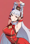solo,  1girl,  gold ship \(umamusume\),  umamusume,  grin,  looking at viewer,  cammystretch,  stretching,  arms up,  pillbox hat,  v-shaped eyebrows,  red dress,  sleeveless,  red bowtie,<lora:EMS-281829-EMS:1.000000>
