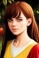 beautiful girl closeup, , [cartoon, vector art, anime :realistic, real life, hyper realistic: symmetrical face, , , dilapidated, backdrop is a peaceful landscape of an orchard, artistic photograph, working in her high-tech garage filled with tools and machines, , , detailed,