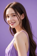 hyper realistic, masterpiece, best quality, ultra detailed, photorealistic, beautiful woman, 35 years old, lavender dress, smile, purple background