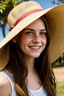 a realistic photo of a 20 year old girl with freckles smiling in a sunhat, afterglow lighting