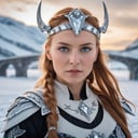 Epic Closeup photo of an  Valkyrie In an ice landscape wearing nordic clothes , bifröst bridge in background, high quality photography, 3 point lighting, flash with softbox, 4k, Canon EOS R3, hdr, smooth, sharp focus, high resolution, award winning photo, 80mm, f2.8, bokeh