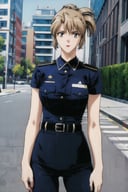 masterpiece, best quality, 1girl, looking at viewer, ultra detailed, <lora:add_detail:0.5>, cowboy shot, <lora:aika_FW:1> , folded ponytail,earrings, lipstick,  police uniform, city street, policewoman,
