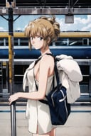 masterpiece, best quality, 1girl, looking at viewer, ultra detailed, <lora:add_detail:0.5>, cowboy shot, <lora:aika_FW:1> , folded ponytail,   (train platform, commuters, rushing passengers, travel:1.3), wrapped in a towel