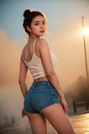 1sporty woman, filming style, roller skating, white roller, looking at viewer, white tank top, blue shorts, bun on head, sunset, hyper detailed, professional poster art, back light, mystical dense fog, ((realistic)), epic scene, haunting mist, dutch angle,, @imageized