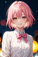 masterpiece, best quality, short hair, pink hair, close-up, yellow eyes, smile, small breasts, bowtie, white shirt, night, bokeh, outdoors,
