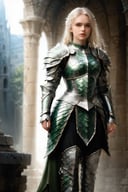 European style, fantasy, solo, brave girl, wearing dragon armor, white blonde long hair, faithing,standing, ruins,(full body image:2.0) , (masterpiece), (best quality), (ultra-detailed), (an extremely delicate and beautiful), ((textile shading)), (caustics), (((sharp focus))),dragon armor,more detail XL