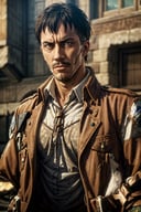 (1 image only), solo male, 1boy, Nile Dok, Attack on Titan, lean, facial hair, light mustache, light goatee, dark brown eyes, black hair, short hair, paradis military uniform, bolo tie, handsome, mature, charming, alluring, upper body in frame, perfect anatomy, perfect proportions, 8k, HQ, (best quality:1.2, hyperrealistic:1.2, photorealistic:1.2, masterpiece:1.3, madly detailed photo:1.2), (hyper-realistic lifelike texture:1.2, realistic eyes:1.2), high_resolution, perfect eye pupil, dutch angle,Nile Dok 