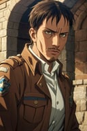 (1 image only), solo male, 1boy, Nile Dok, Attack on Titan, lean, facial hair, light mustache, light goatee, dark brown eyes, black hair, short hair, paradis military uniform, handsome, mature, charming, alluring, upper body in frame, perfect anatomy, perfect proportions, 8k, HQ, (best quality:1.2, hyperrealistic:1.2, photorealistic:1.2, masterpiece:1.3, madly detailed photo:1.2), (hyper-realistic lifelike texture:1.2, realistic eyes:1.2), high_resolution, perfect eye pupil, dutch angle