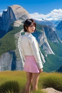 ((Hyper-Realistic)) photo of a beautiful girl standing in a vista point of a national park,(kuchiki rukia),20yo,detailed exquisite face,detailed soft skin,hourglass figure,perfect female form,model body,(perfect hands:1.2),(elegant white jacket, pink shirt and blue skirt),(backdrop: beautiful vista point \(yglac1er\) with a big rock soaring in the eye level with mountain,tree and grass),(girl and [rock] focus)
BREAK 
aesthetic,rule of thirds,depth of perspective,perfect composition,studio photo,trending on artstation,cinematic lighting,(Hyper-realistic photography,masterpiece, photorealistic,ultra-detailed,intricate details,16K,sharp focus,high contrast,kodachrome 800,HDR:1.2),by Karol Bak,Gustav Klimt and Hayao Miyazaki, real_booster,art_booster,ani_booster,y0sem1te,H effect,yva11ey1