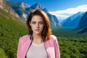 ((Hyper-Realistic)) photo of a beautiful 1girl standing in valley of a national park,(kristen stewart),20yo,detailed exquisite face,detailed soft skin,hourglass figure,perfect female form,model body,(perfect hands:1.2),(elegant pink jacket, white shirt and yellow skirt),(backdrop: valley with mountain and rock on the left and right side of scene, forest in the center,river and lake reflecting sunlight beautifully,vibrant color,bright),(girl focus)
BREAK 
aesthetic,rule of thirds,depth of perspective,perfect composition,studio photo,trending on artstation,cinematic lighting,(Hyper-realistic photography,masterpiece, photorealistic,ultra-detailed,intricate details,16K,sharp focus,high contrast,kodachrome 800,HDR:1.2),real_booster,art_booster,ani_booster,y0sem1te,H effect,(yva11ey1:1.2)