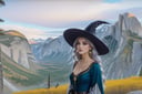 ((Ultra-Detailed)) Photography of a sophisticated witch \(sp.ed.ogInky1\) standing in a vista point of a national park,wearing sm1c-witchhat,detailed exquisite face,detailed eyes,detailed soft shiny skin,glossy lips,playful smirks,detailed hair,perfect female form,model body,detailed hat,cyan gold and white dress,jewelry,small earrings,necklace BREAK (backdrop;beautiful vista point \(yglac1er\) with a big rock soaring in the eye level with mountain,tree and grass),(head to thigh shot:1.2) BREAK rule of thirds,vibrant colors,studio photo,depth of perspective,perfect composition,(masterpiece,HDR,trending on artstation,8K,Hyper-detailed,intricate details,hyper realistic,high contrast,Kodachrome 800:1.3),cinematic lighting,soft rim lighting,key light reflecting in the eyes,by Karol Bak,Antonio Lopez,Gustav Klimt and Hayao Miyazaki,art_booster,real_booster,photo_b00ster, Decora_SWstyle,a1sw-InkyCapWitch, Decora_SWstyle,ani_booster,y0sem1te