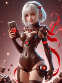 scifi, ValentineTech, chocolate, tasty details, scholar , holding a device , 1girl, white hair, glowing eyes, short hair,full_body, blurry_background,  , hyper detailed