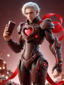 scifi, ValentineTech, chocolate, tasty details, scholar , holding a device , 1man, white hair, glowing eyes, short hair,full_body, blurry_background, , hyper detailed