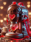 scifi, ValentineTech, chocolate, tasty details, coffee machine, blurry_background, , hyper detailed