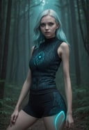 medium shot, DonMM1y4XL midage woman,  laser grid pattern thermal-regulating high-waisted shorts,  solar-powered sleeveless vest, carbon-fiber athletic sneakers,     , turquoise bloody darkness, haunted forest, reptilian eyes,  <lora:DonMM1y4XL-v2rb>