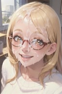 masterpiece, best quality, perfect lighting, 1girl, upper body, depth of field, indoors, close-up, detailed face, freckles, glasses, round eyewear, white sweater, blonde hair, cum, detailed cum, (facial:1.2), <lora:csenhance_v1:0.9>, double v, smile, mouth open, looking at viewer, looking up