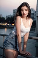 (Best quality, 8k, 32k, Masterpiece, UHD:1.2),Photo of Pretty Japanese woman, 1girl, solo, 20yo, sexy and charming girl, (shoulder length dark brown hair), double eyelids, glossy lips, detailed facial features, natural medium-large breasts, wide hips, slender legs, soft curves, pale skin, detailed real skin texture, tank top, T-shirt, denim skirt, pump heels, ultra details, midnight, dark theme, beautiful cityscape night view, standing, leaning on railing, bent over forward, downblouse, cleavage, black braslip, sharp focus face, windy, (hair floating:1.3), charming face, sexy smile, look at camera, from below, upper body focus, street snaps, depth of field, physically-based rendering, ray tracing, highly details, detailed face, detailed hair, detailed fabric rendering,
