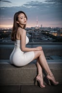 (Best quality, 8k, realism, real life, photorealism, highres, UHD:1.2),Photo of Pretty Japanese woman, early-twenty, 1woman, miho, (shoulder length dark brown hair), double eyelids, glossy plump lips, exquisite detailed facial, natural medium breasts, (slender legs:1.2), soft curves body, (pale skin:1.2), exquisite skin texture, white pencil dress, stilettos heels, sitting aside watching (beautiful cityscape night view:1.3), (full body portrait:1.2), sharp focus, from behind, highly details, hyper-realistic photo, photon mapping, beautiful legs, detailed fabric rendering, detailed background,epiC35mm,