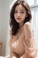 Best quality, raw photo, photorealism, UHD, lifelike rendering, (upper body portrait:1.2), photo of beautiful korean woman, mid-twenty, kpop idol, stunning, medium dark brown hair, double eyelids, dark brown eyes, luscious thick lips, perfect round large breasts, pale skin, daily outfit, peach colored multi-layered sheer chiffon casual dress, off shoulder, transparent fabric, silhouetted, sexy, sharp focus, smile, gaze at camera, from below, closed to up, thighs focus, detailed eyes and facial, detailed real skin texture, detailed fabric rendering, natural soft daylight, ray tracing 