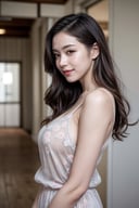 Best quality, 8k, 32k, raw photo, photorealistic, UHD, lifelike rendering, Photo of Pretty Japanese woman, early-twenty, maiko, (medium dark brown hair), double eyelids, dark brown eyes, glossy lips, exquisite facial, daily makeup, natural medium-large breasts, slender plump body, soft curves, (pale skin:1.3), firm skin, daily outfit, tulle-chiffon floral loose dress, sharp focus, charming face, smile, look at camera, from front below, closed to up, detailed fabric rendering, professional lightning, ray tracing 