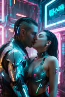 In Cyberpunk Couples Hotel, a man is kissing a woman's mouth, wet kissing, and neon lights are shining on two couples. A woman's mouth is very open and comfortable. Kiss of Cyborg