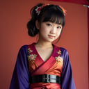 HD quality, HD, HQ, 4K, view from below, close up portrait of cute (AIDA_LoRA_MomoS:1.03) <lora:AIDA_LoRA_MomoS:0.78> as little asian girl, pretty face, naughty, funny, happy, playful, intimate, flirting, (wearing dark purple kimono:1.1), kimono dress, Japanese national dress, insane level of details, studio photo, studio photo, kkw-ph1, hdr, f1.5, (colorful:1.1), (bright red background:1.3)