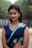 Malayalam movie actress unni mary:1.5, 1girl, solo, long hair, looking at viewer, smile, black hair, jewelry, earrings, outdoors, day, necklace, blurry, lips, blurry background, , realism,portrait,Mallu girl,80' girl