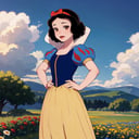 1girl, solo,   snow white, short hair, black hair, smooth hair, bow, brown eyes, lipstick, red lipstick, pale skin,  short sleeves, hair bow, hairband, puffy sleeves, puffy short sleeves, yellow skirt,  <lora:Snow_White_Leaf1-2:0.8>,   cowboy shot, hands on hips, looking at viewer, blue sky, flower field, 