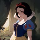 1girl,   snow white, short hair, black hair, smooth hair, bow, brown eyes, lipstick, red lipstick, pale skin,  short sleeves, hair bow, hairband, puffy sleeves, puffy short sleeves, yellow skirt,  <lora:Snow_White_Leaf1-2:0.8>,     strong backlighting backlit, in the style of film noir, deconstructed, tailoring, creative commons, brooding,