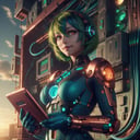 <lora:CircuitryTech-20:0.8>, circuitrytech ,scifi, cables, cmos circuitry, copper ,slim, skinny, small breasts, (red eyes:1.2), green hair, multicolored hair, aqua hair, bob cut, side smile, closed mouth, looking at viewer, holding a tablet ,