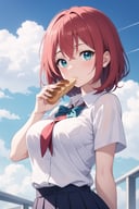 masterpiece, best quality, 1girl, red hair, aqua eyes, looking at viewer, confused look, bread in mouth, school uniform, blue sky, cloud trail