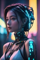 Close-up, cinematic portrait of a cyberpunk girl whose upper body is framed against the backdrop of a neon-lit, nocturnal cityscape. Half of her face is human, exuding a sense of resilience and humanity, while the other half is a complex, intricately designed cybernetic machine, showcasing advanced technology seamlessly integrated with organic life. Her expression is contemplative, capturing the duality of her existence in a world where man and machine converge. The cybernetic parts gleam with a metallic sheen, illuminated by the surrounding neon lights which reflect in the intricate patterns of her machinery. The color palette is a fusion of warm human tones against the cold, industrial hues of her mechanical side, set against the contrasting cyberpunk environment. The photo is taken with a Sony α7R IV to achieve a depth of field that sharply details the textures of her cybernetic implants while gently blurring the vibrant city life in the background, emphasizing the juxtaposition between character and setting, with a touch of dystopian elegance