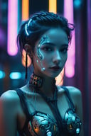 Close-up, cinematic portrait of a cyberpunk girl whose upper body is framed against the backdrop of a neon-lit, nocturnal cityscape. Half of her face is human, exuding a sense of resilience and humanity, while the other half is a complex, intricately designed cybernetic machine, showcasing advanced technology seamlessly integrated with organic life. Her expression is contemplative, capturing the duality of her existence in a world where man and machine converge. The cybernetic parts gleam with a metallic sheen, illuminated by the surrounding neon lights which reflect in the intricate patterns of her machinery. The color palette is a fusion of warm human tones against the cold, industrial hues of her mechanical side, set against the contrasting cyberpunk environment. The photo is taken with a Sony α7R IV to achieve a depth of field that sharply details the textures of her cybernetic implants while gently blurring the vibrant city life in the background, emphasizing the juxtaposition between character and setting, with a touch of dystopian elegance