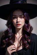 Close up Realistic, Beautiful witch with Purple hair , Scare Face
