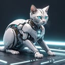 scifi, glowing, neotech, mechanical cat , on a capet, blurry_background, , hyper detailed