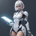 scifi, glowing, neotech, scholar , holding a device , 1girl, white hair, glowing eyes, short hair,full_body, blurry_background, , hyper detailed