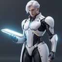 scifi, glowing, neotech, scholar , holding a device , 1man, white hair, glowing eyes, short hair,full_body, blurry_background, , hyper detailed