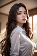 1girl, long brown hair, detailed face, alluring face, collared shirt, medium breasts, looking at viewer, from below, detailed background, fine detailed, intricate detail, ray tracing, depth of field
