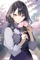  animal, bird, black hair, bow, bowtie, bush, cherry blossoms, flower, holding, holding flower, jewelry, long hair, long sleeves, nail polish, neck ribbon, outdoors, petals, purple eyes, purple ribbon, ribbon, rose, smile, solo, masterpiece,  best quality,  aesthetic ,aesthetic