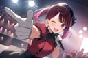 1girl, arima kana, oshi no ko, solo, idol, idol clothes, one eye closed, red shirt, black skirt, black headwear, gloves, stage light, singing, open mouth, crowd, smile, pointing at viewer, masterpiece, best quality ,aesthetic