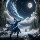<lora:TempestMagic-21:0.8>,tempestmagic ,fantasy , excessive wind , debris, wizard casting a spell, at the forest , beard, glowing eyes,glowing eyes, wizard hat, night summer sky, full moon, 