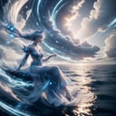 <lora:TempestMagic-21:0.8>,tempestmagic ,fantasy,wind surge, tempest aura ,  motion blur,  smirk, delicate , beautiful,noble , princess , mini crown, elegant , jewelry , full body,sitting , in the sea, glowing eyes, dark night