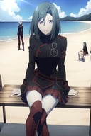 1girl,,lenalee,dgrayman,purple eyes,wearing black jacket with red stripes, red skirt, red knee-high boots, she is sitting on a beach bench, beach, sand, sun, people