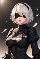 score_9, score_8_up, score_7_up, 1girl, source_anime,2b, NieR:Automata, black blindfold, white hair, short hair, black hairband, mole under mouth, turtleneck, turtleneck dress, black dress, cleavage cutout, feather-trimmed sleeves, juliet sleeves, long sleeves, black gloves, medium breasts, black thighhighs, thigh boots, ((beautiful bright colors)), beautiful detailed lighting, intricate, beautiful detailed glow, detailed, Cinematic light, intricate detail