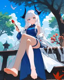 (score_9,score_8_up,score_7_up),1girl,long hair,horns,solo,barefoot,blue eyes,dress,bird,sitting,blue dress,white hair,holding,flower,off shoulder,looking at viewer,feet,bangs,full body,very long hair,branch,thigh strap,cloud,paintbrush,bare shoulders,long sleeves,toes,sky,hair ornament,tree,hair flower,jacket,sleeveless,painting (object),open clothes,white background,toenails,closed mouth,tassel,day,bare legs,white jacket,blue sky,sleeveless dress,coat,open jacket,