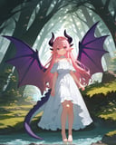 (score_9,score_8_up,score_7_up),1girl, tail, solo, wings, horns, dress, pink hair, barefoot, white dress, dragon tail, purple eyes, long hair, pointy ears, outdoors, looking at viewer, dragon girl, full body, standing, bare shoulders, tree, dragon horns, off shoulder, hair between eyes, bangs, nature, water, dragon wings, parted lips, day, off-shoulder dress, blush, forest, smile